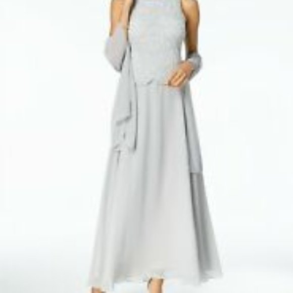 J Kara Beaded A-Line Gown and Scarf SilverWhite 14 - Picture 2 of 3